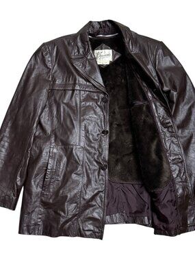 BERMANS Vintage Leather Fur Lined Retro 80s Brown Leather Parka Coat Mens Large